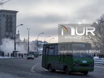 Bus on the background of steam rising from the subway exit in Kharkov, Ukraine, on 3-4 January 2016.
Severe frosts down to Ukraine in recen...