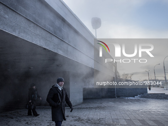 steam rising from the subway exit in Kharkov, Ukraine, on 3-4 January 2016.
Severe frosts down to Ukraine in recent days. The temperature d...