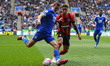Timoty Castagne of Leicester City under pressure from Marcus Tavernier of Bournemouth duri...