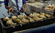 Chefs are seen preparing various kababs on a charcoal flame ahead of iftar time at a marke...