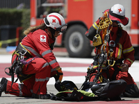 Members of the Mexican Red Cross get ready to rescue a person by rappelling during the First National Drill 2023 in Mexico, on april 19, 202...