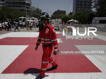 Members of the Mexican Red Cross participated in the First National Drill 2023 in Mexico, on april 19, 2023, where they carried out a vertic...