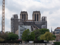 View of Notre Dame Cathedral in Paris as restoration and reconstruction work continues in Paris on April 20, 2023. (