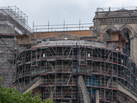 View of Notre Dame Cathedral in Paris as restoration and reconstruction work continues in Paris on April 20, 2023. (