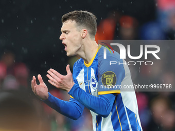  Brighton & Hove Albion's Solly March upset after missing crucial penalty in FA Cup shootout defeat to Man Utd during The FA Cup - Semi-Fina...