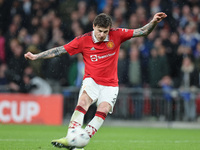 Manchester United's Victor Lindelof scores the winning goal from the penalty spot during The FA Cup - Semi-Final soccer match between Bright...