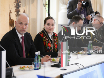 Minister of Defence of Hungary Kristof Szalay-Bobrovniczky (l) is seen at the Bucharest Nine group meeting in Warsaw, Poland on 26 April, 20...