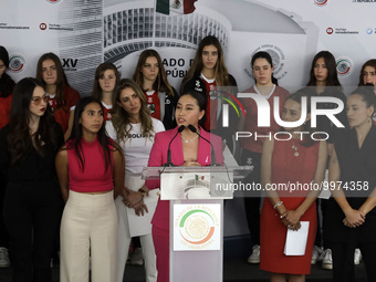 April 25, 2023, Mexico City, Mexico: Astronaut Katya Echazarreta with Paola Kuri, CEO Fut sin Genero; Diana Flores, captain of the Mexican f...