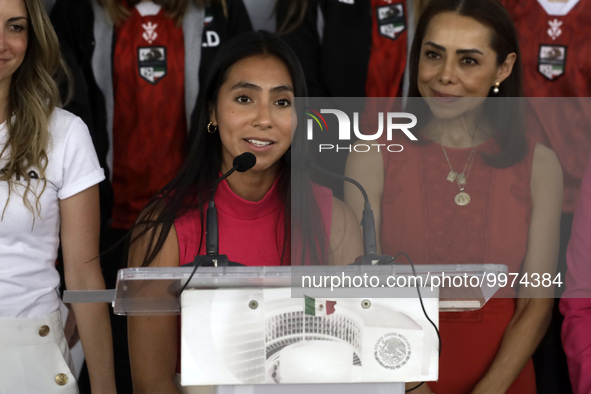 April 25, 2023, Mexico City, Mexico: Diana Flores, captain of the Mexican flag football team, at a press conference at the conclusion of the...