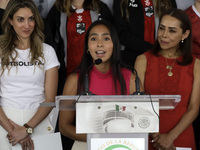 April 25, 2023, Mexico City, Mexico: Diana Flores, captain of the Mexican flag football team, at a press conference at the conclusion of the...