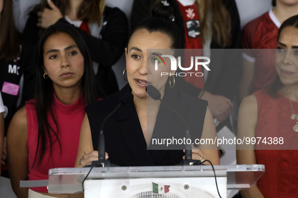April 25, 2023, Mexico City, Mexico: Fernanda Pina, soccer player and activist, at a press conference, at the conclusion of the ''Gender Par...